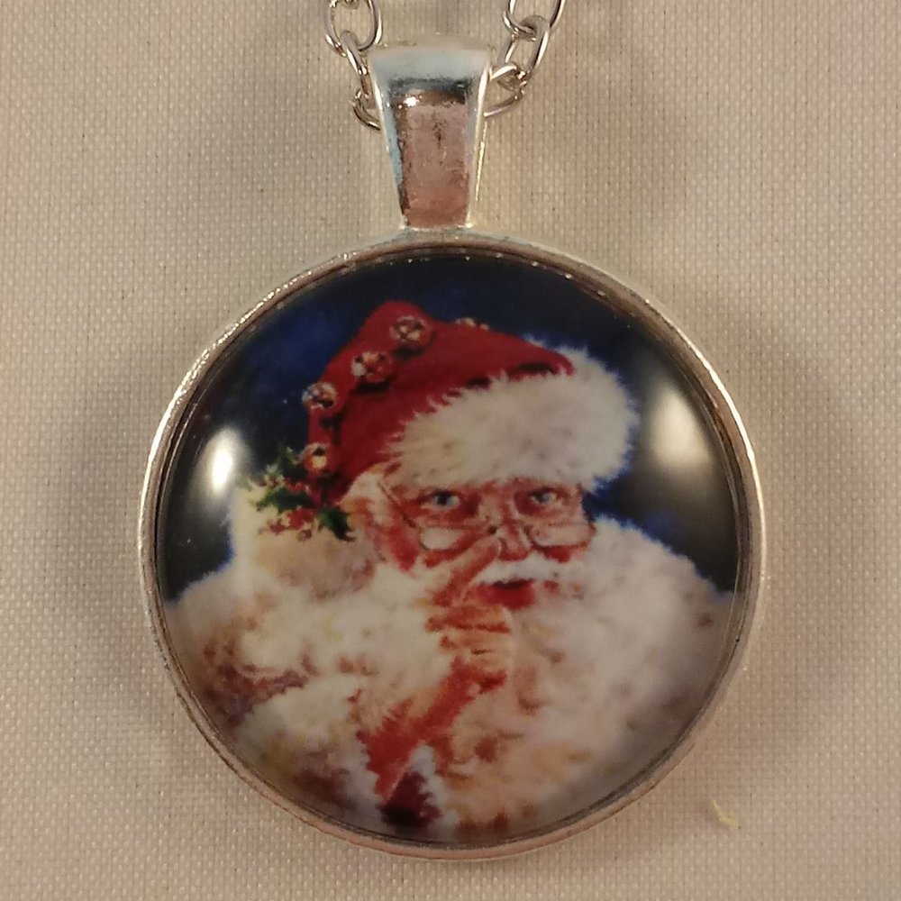 Silver Santa Claus Cabochon Pendant Necklace 20" Party Gift
